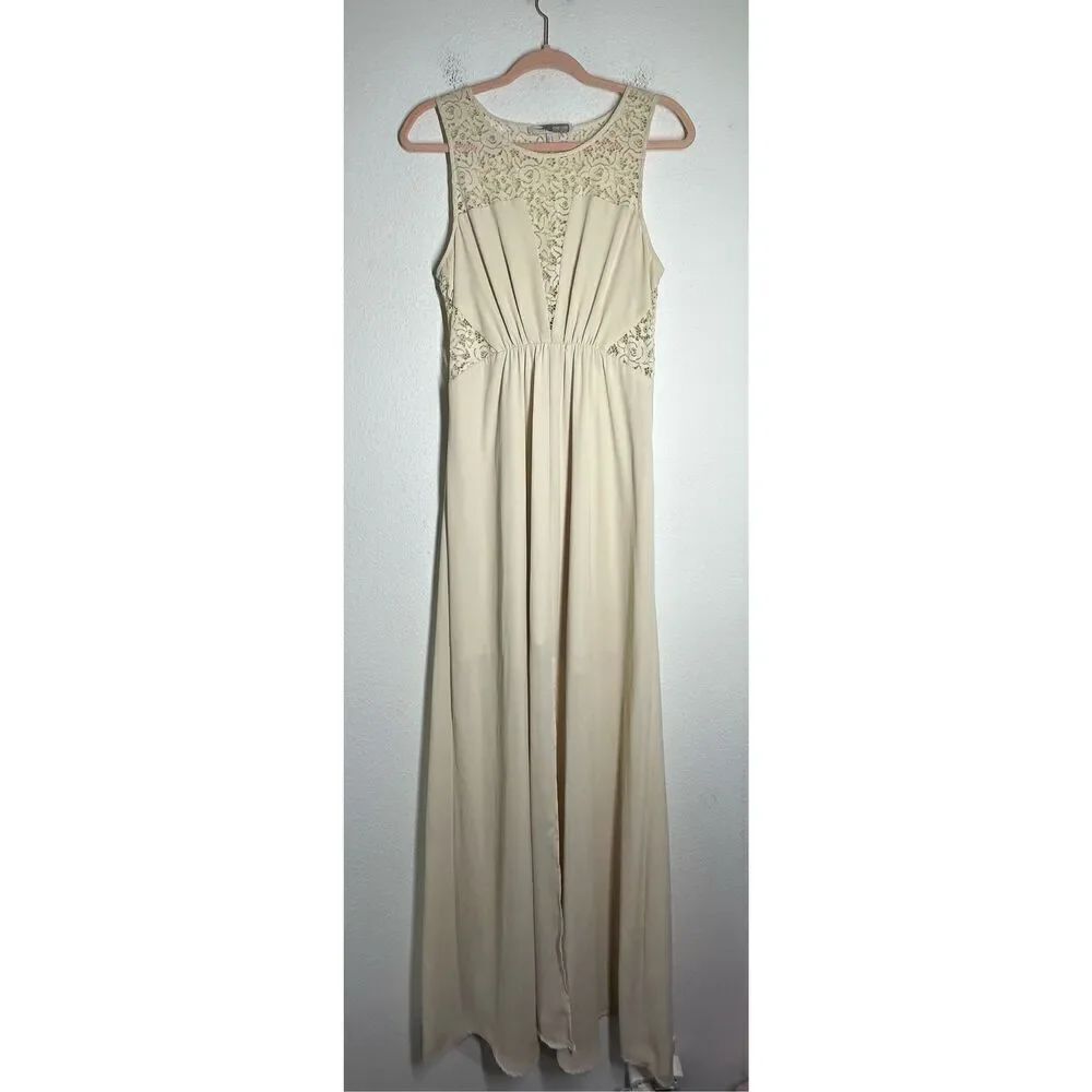 Forever 21 Bohemian Women’s Maxi Dress Lace Trim Sleeveless Lined Cream Size M